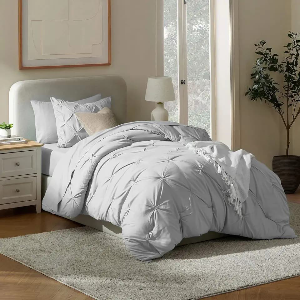Nestl Twin XL Comforter Set 5 Piece - Pintuck Twin XL Bedding Set Light Grey, College Dorm Room Essentials Bed in a Bag, Twin XL Comforter Set for College Girls & Boys with Sheets, Pillowcase and Sham