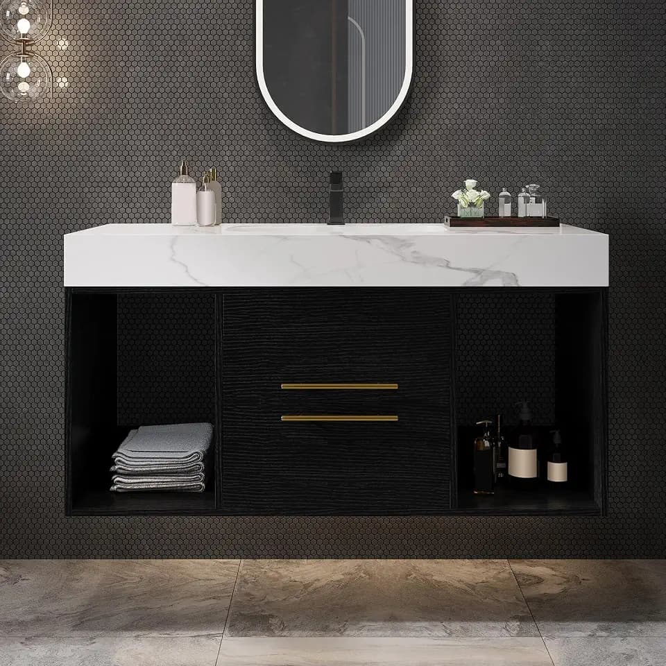 GDFStudio 39.4" Floating Bathroom Vanity with Sink, Wall Mounted Vanity with Sintered Stone Top, Ceramic Basin, 2 Soft Close Drawers & Open Storage, Modern Space Saving Cabinet,White,Black