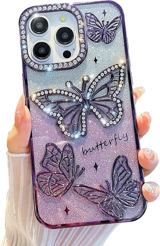iFiLOVE for iPhone 16e Bling Glitter Butterfly Case (Purple)