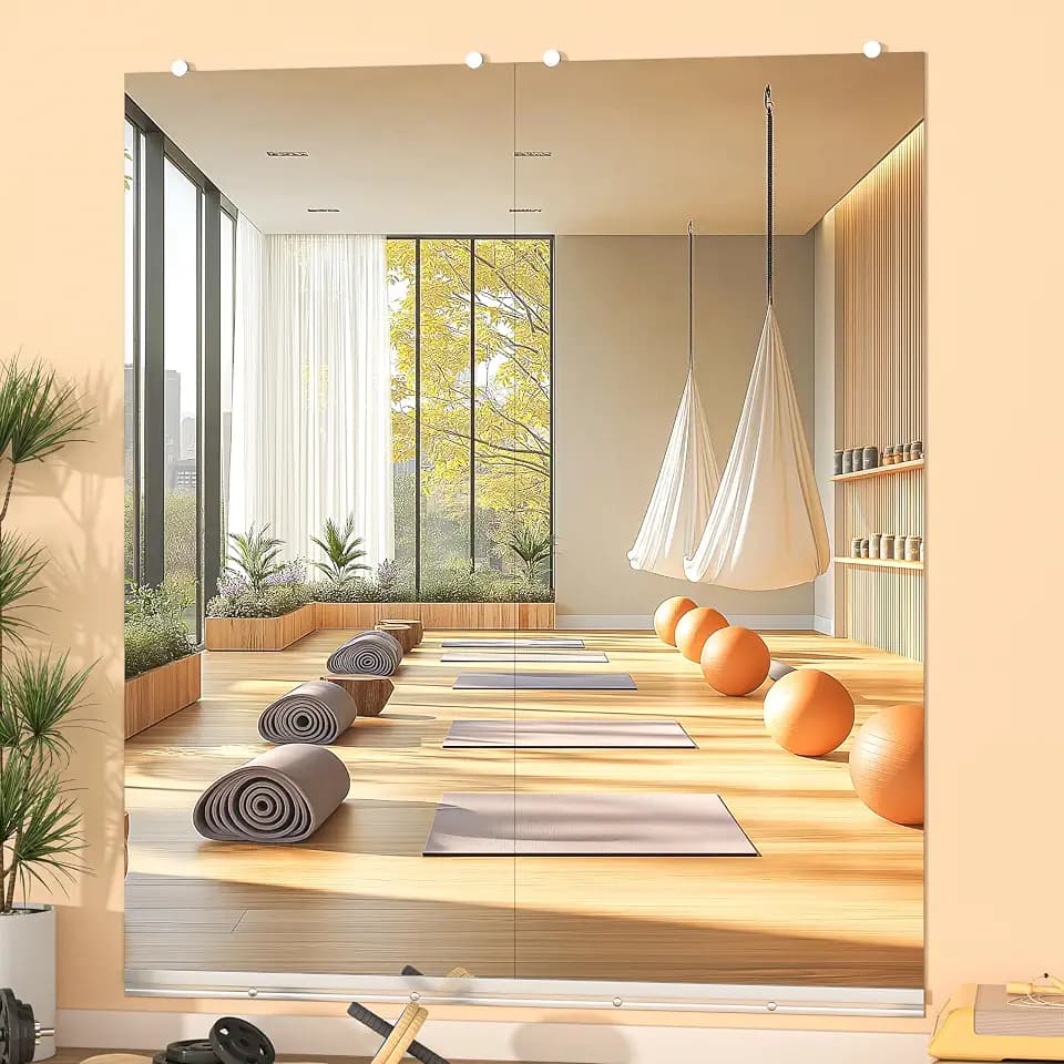 Hasipu Home Gym Mirror, 63"x28" Each, 2-Pack Frameless Wall Mounted Mirrors with Glass Clamps & 1 Aluminum Rail, Large Body Mirror for Home Gym, Yoga Studio, Bedroom, Silver Tempered Glass