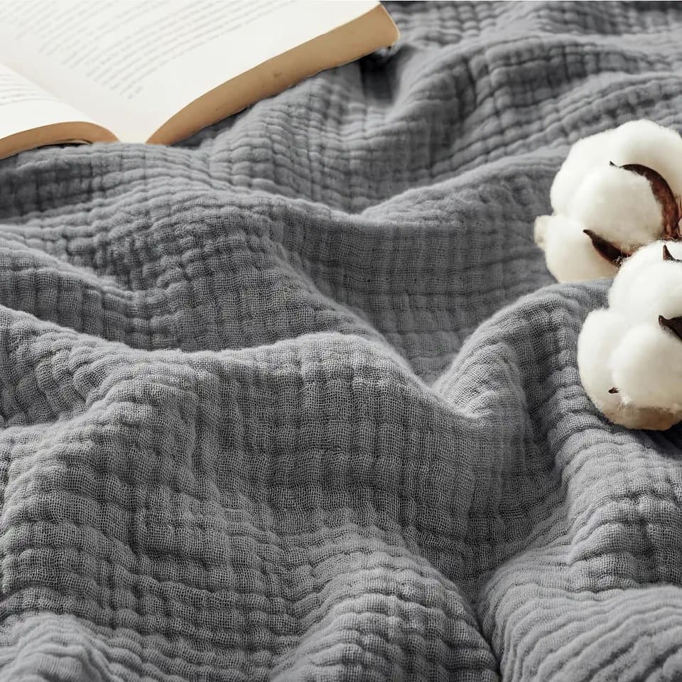 Bedsure 100% Cotton Muslin Blankets for Adults, 4-Layer, Large Throw, Grey