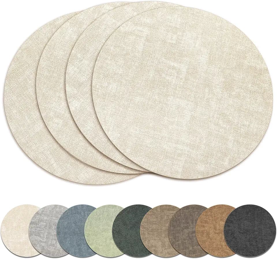 13" Round Placemats Set of 4, Reversible Faux Leather Wipeable Table Mats