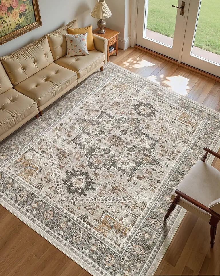 Washable Area Rug-8X8 Vintage Neutral Soft Taupe