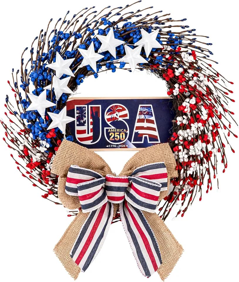 4th of July Wreath, 20 inch Patriotic Wreaths for Front Door, Red White Blue American Independence Day Memorial Day Flag Day 250th Anniversary Patriotic Home Decor Indoor Outdoor