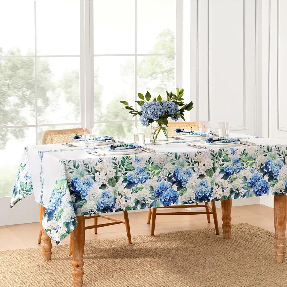 Threadmade Hydrangea Bloom Floral Double Border Tablecloth, Multicolor - 60" W x 102" L