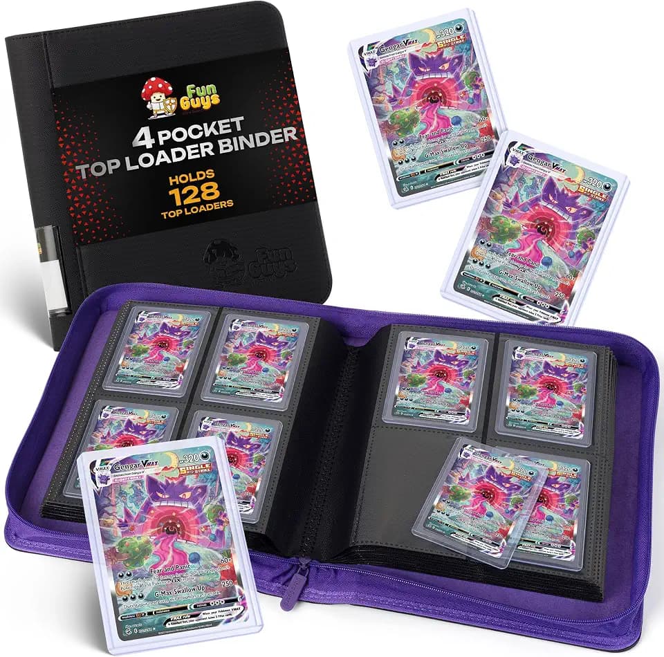 FunGuys Toploader Binder – 4 Pocket Trading Card Binder for 128 Top Loaders, Pokemon Card Binder, MTG, Yugioh, Sports Cards, TCG Storage Album, Zipper Card Collector Folder