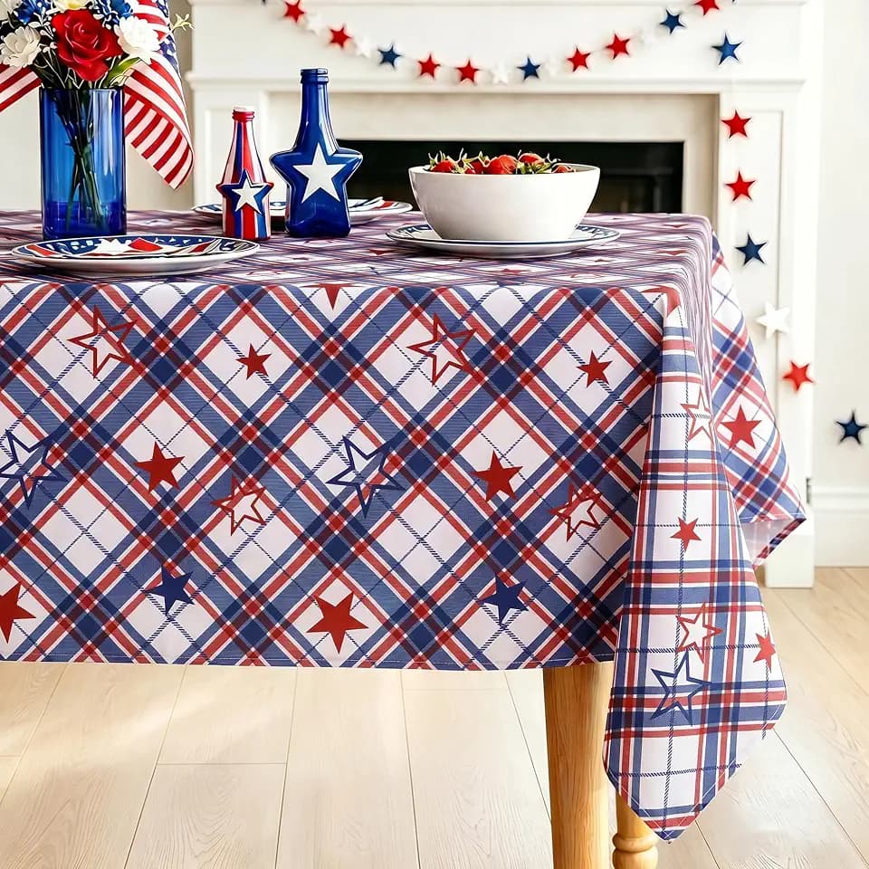 DWCN Holiday 4th of July Tablecloth - 60 x 102 Inches Table Cover for Independence Day Picnic Party, Water Stain Resistant American Plaid Star Patterned Washable Table Cloth, White and Blue Star