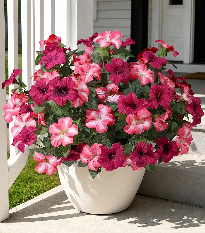 HyeFlora Artificial Petunia Flowers for Outdoor Decoration, Fake Flower (4Pcs Pink & Burgundy)