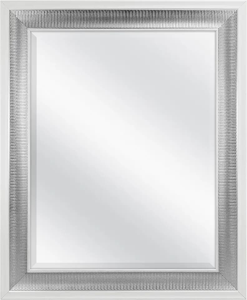 MCS 28.5x34.5 Large Wall Mirror, White Frame with Woven Silver Detail & Beveled Detail Mirror, Vertical & Horizontal Wall Hanging Mirror for Bathroom, Bedroom & Livingroom
