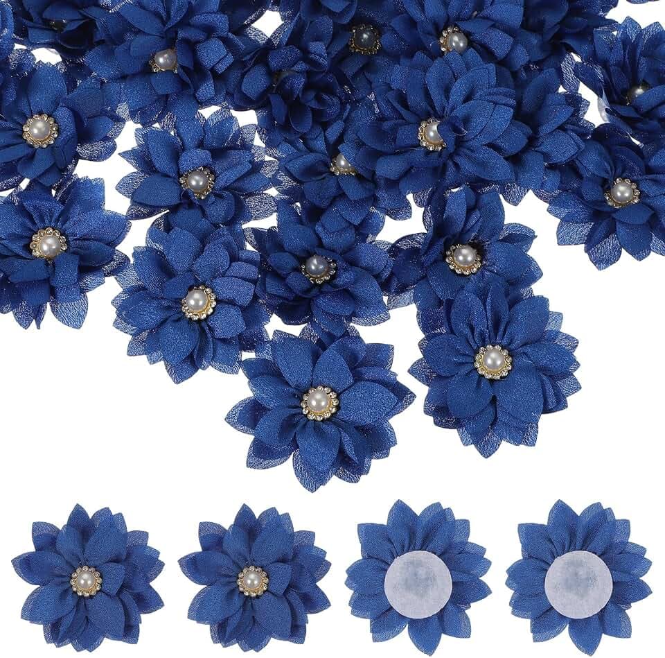 PATIKIL Fabric Flowers, 15 Pcs 2" Rhinestone Pearls Sewing Fabric Flowers for DIY Crafts Appliques Wedding Birthday Party Decoration, Dark Blue