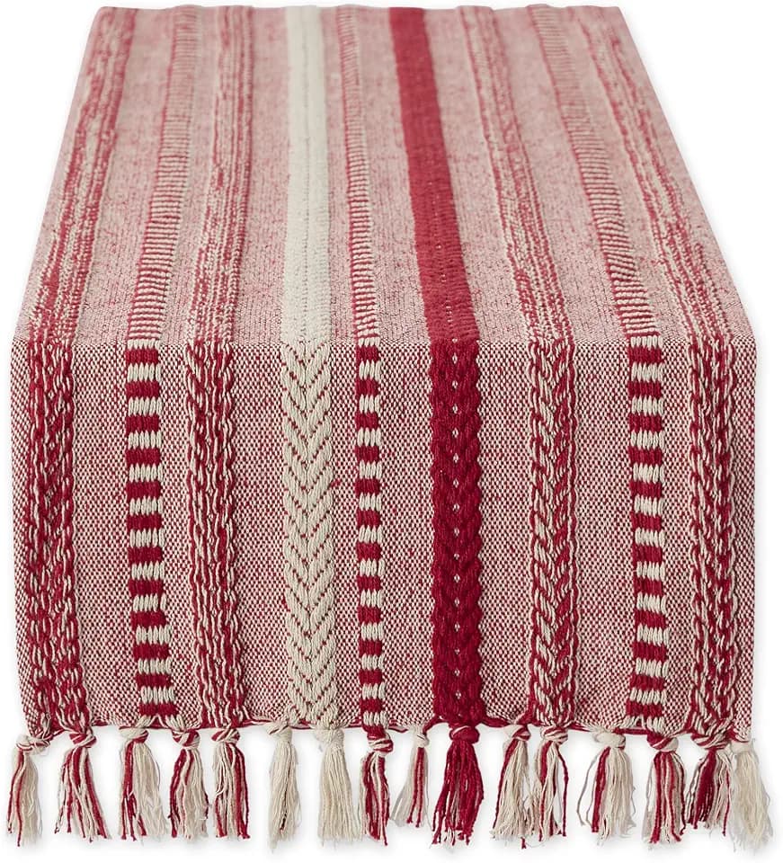 DII Braided Stripe Table Runner, 15x72 with 2.5" Fringe, Wine