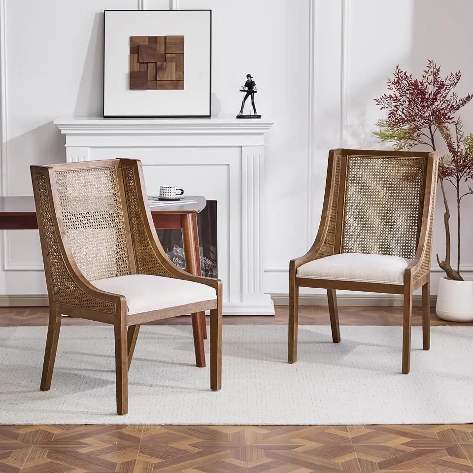 Merax 19" H Fabric Upholstered Wood and Cane Dining Chairs with Backrest,Set of 2,French Country for Diningroom Kitchen