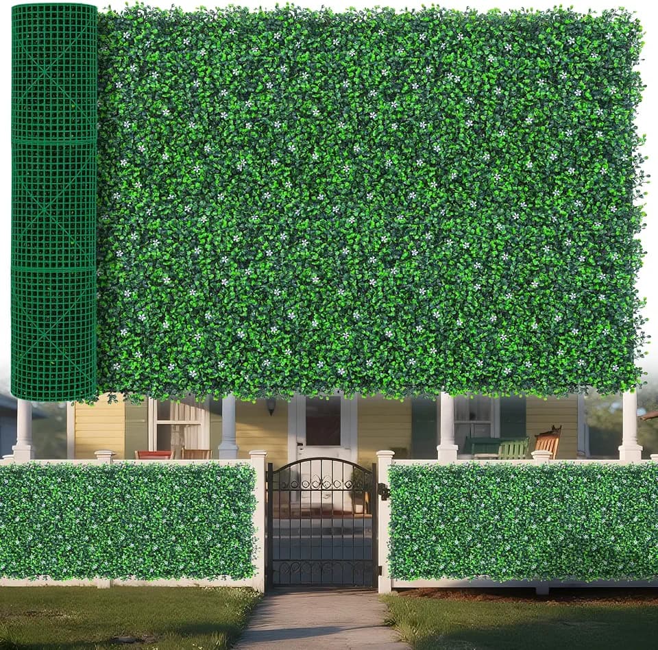 Yangrass Fake Boxwood Grass Wall Roll with White Flower, 48"x120" (40 sqft)
