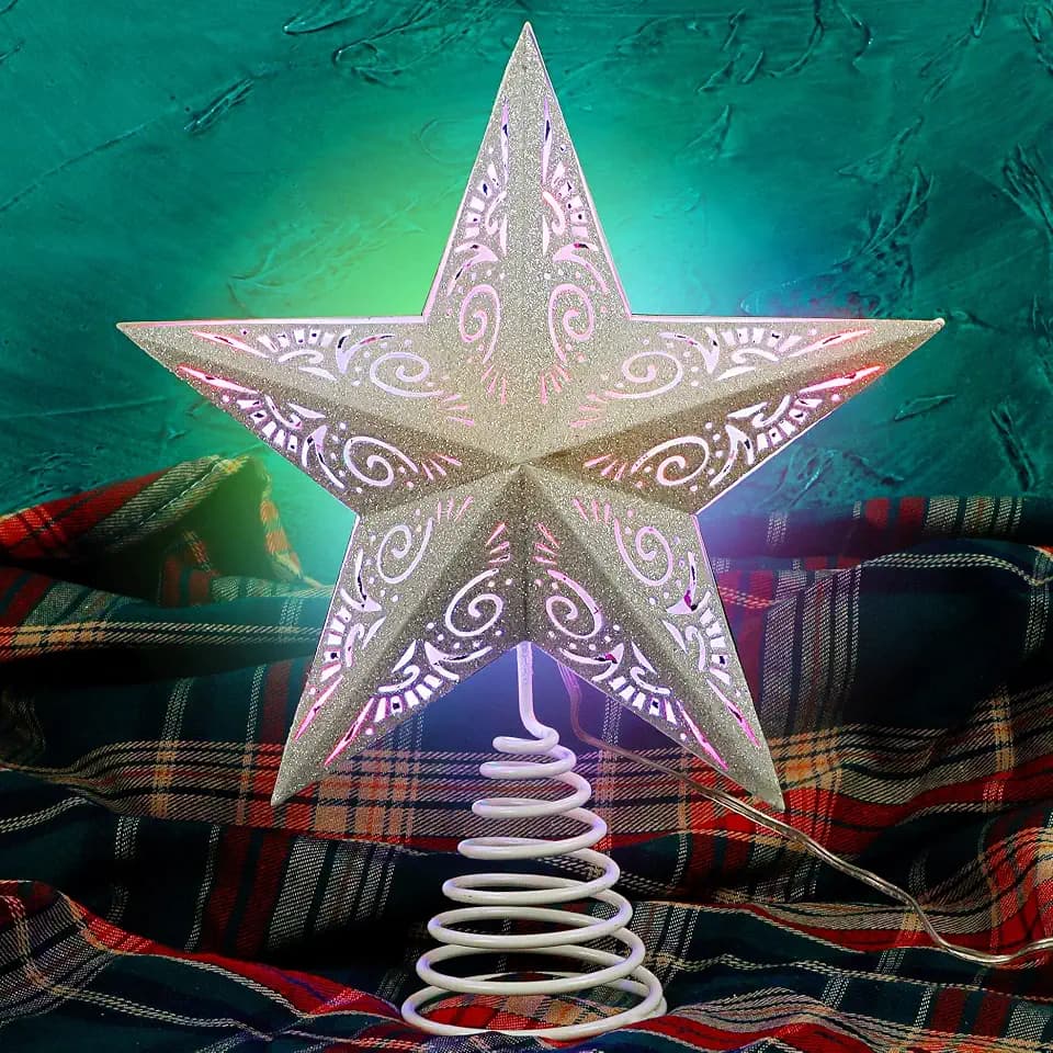 Juegoal Lighted Christmas Star Tree Topper, White Glittered Vintage Metal Tree Toppers with 42 Multicolor LED Lights, Light Up Treetop for Indoor Christmas Ornaments Party Home Decorations