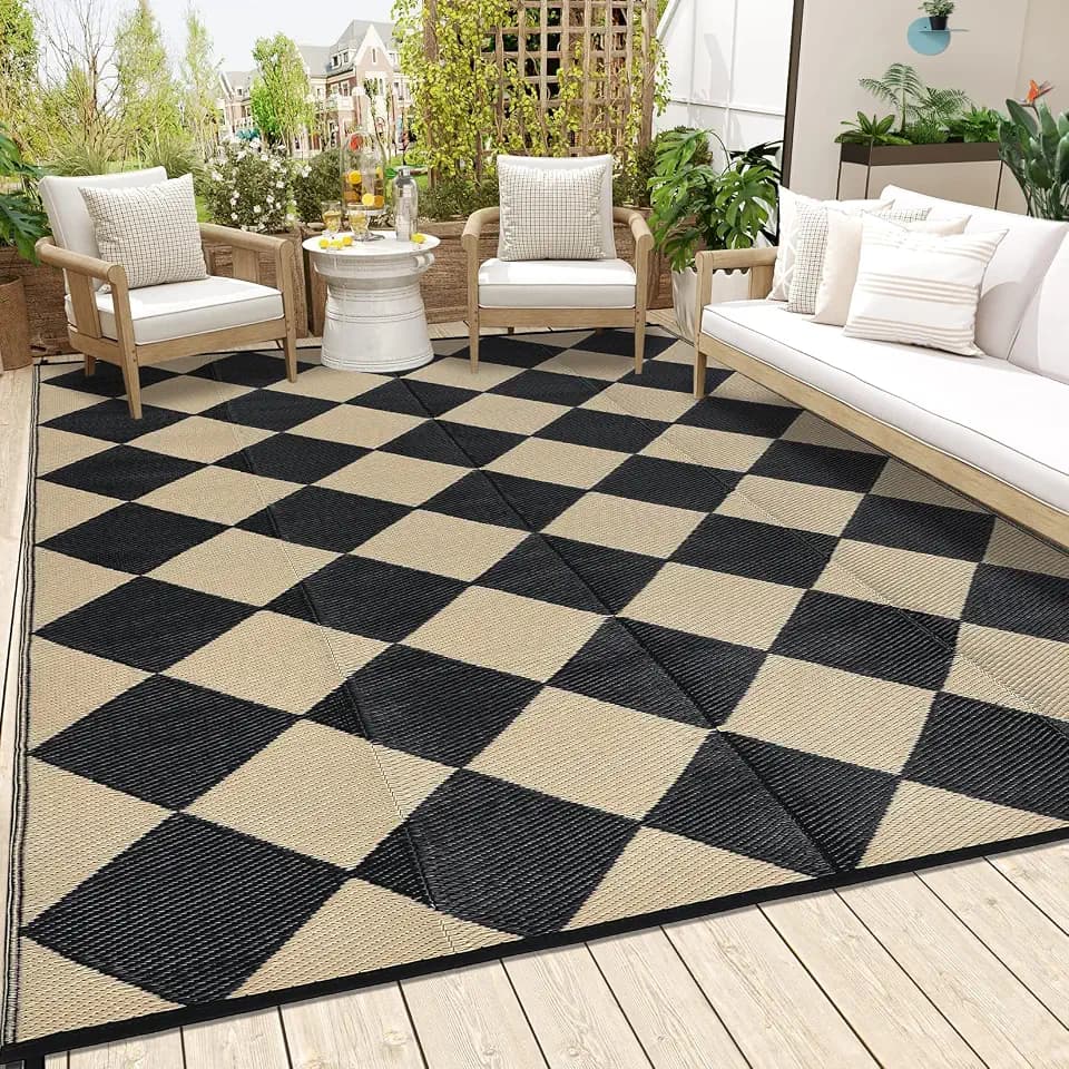 GarveeLife 8x10 Outdoor Rug for Patio Reversible, Plastic Straw Rug Waterproof Camping Rug Portable, Foldable Lightweight Mat for RV, Patio, Backyard, Deck, Picnic, Beach (Black/Offee)