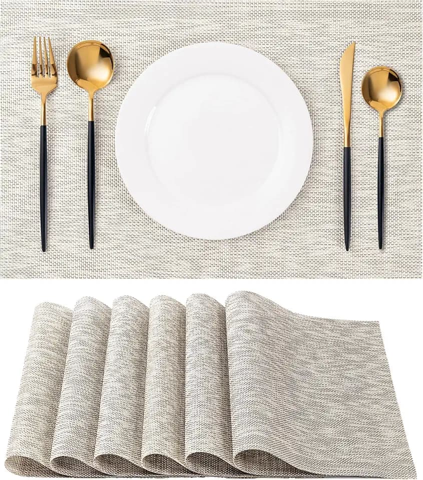 Placemats Set of 6 Washable Indoor/Outdoor Vinyl Place Mats for Dining Table Durable Non-Slip Heat Resistant PVC Weave Table Mats(Beige)