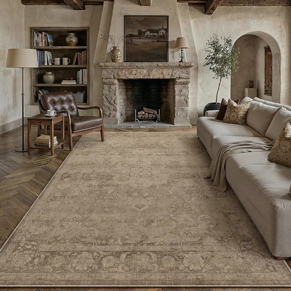 PureCozy Brown 8x10 Washable Area Rug Vintage Distressed Medallion Carpet