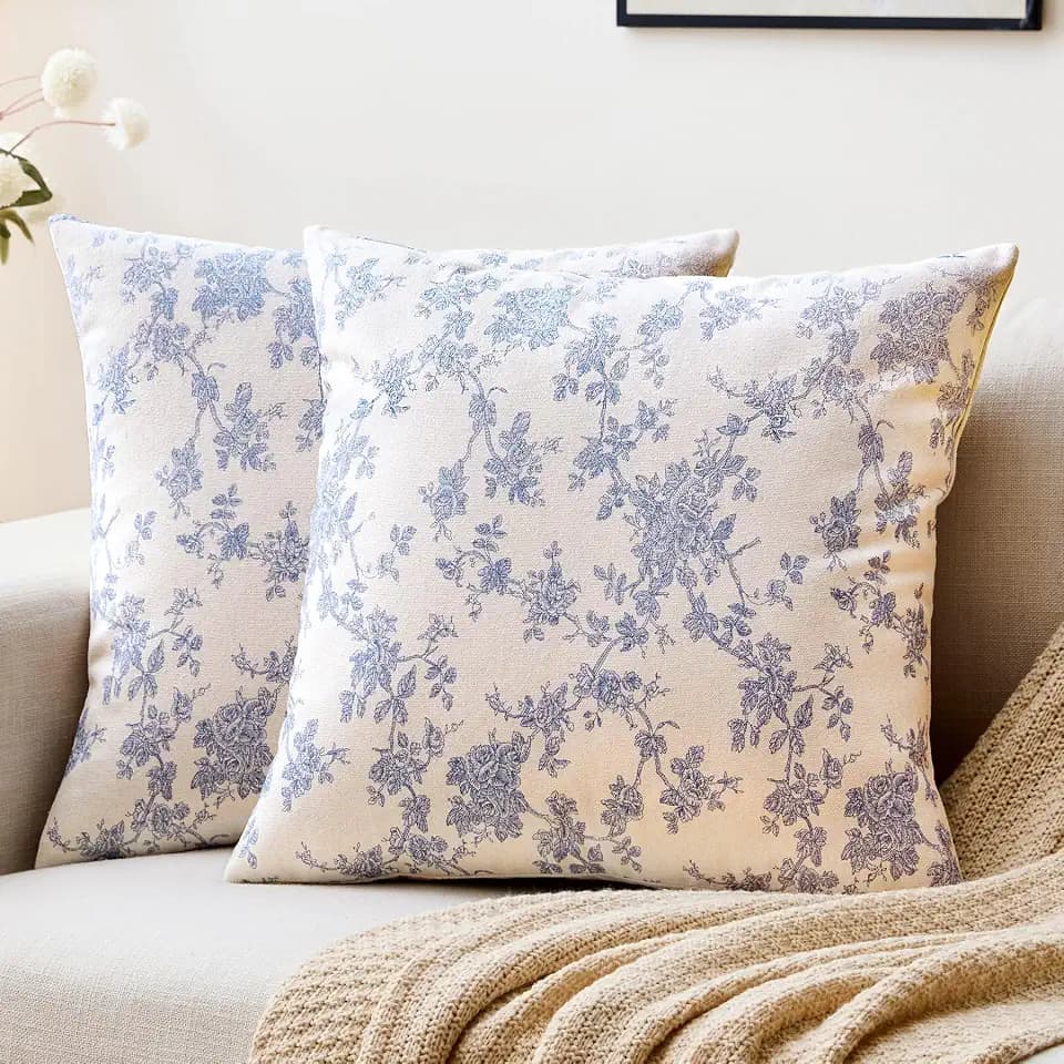 Cotton Pastoral Floral Throw Pillow Covers 16x16, Blue Set of 2