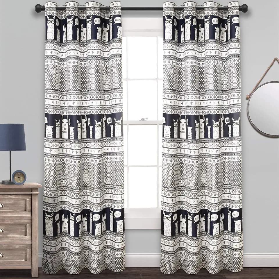 Lush Decor Llama Stripe Curtains Pattern Light Filtering Window Panel Set for Living, Dining, Bedroom (Pair), 84” x 52”, Navy
