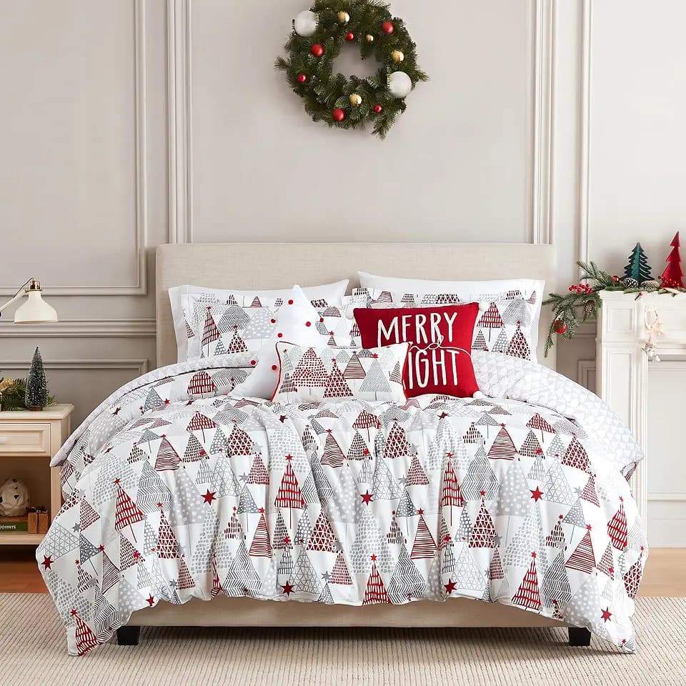 Southshore Fine Living, Inc. 6-Piece Christmas Comforter Set Queen, Reversible Christmas Bedding, Winter Comforter Queen/Full, 3 Throw Pillows, 2 Shams, Holiday Bedding, Red & Grey, Merry & Bright