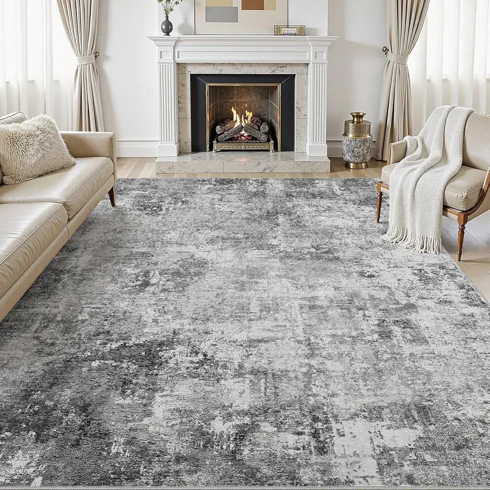8x10 Area Rugs Living Room: Abstract Washable Rug Black Grey