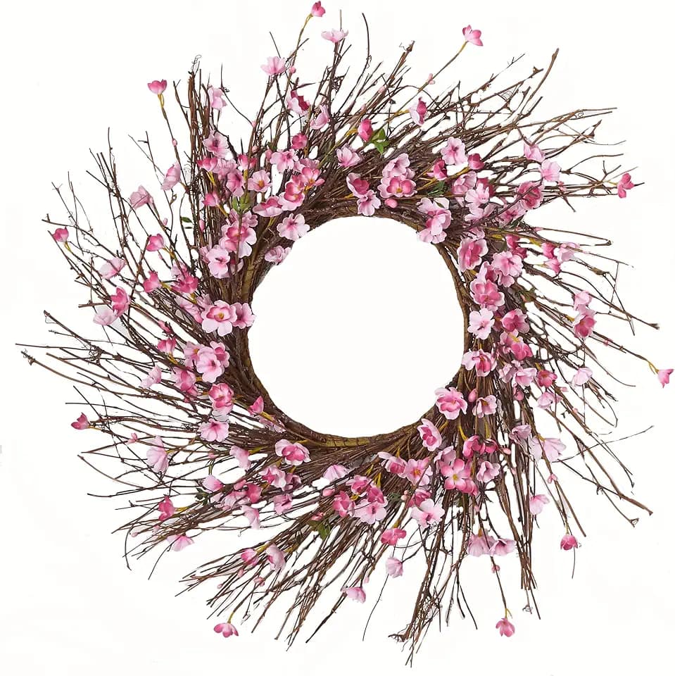 22" Artificial Cherry Blossom Wreath On Natural Twig Base
