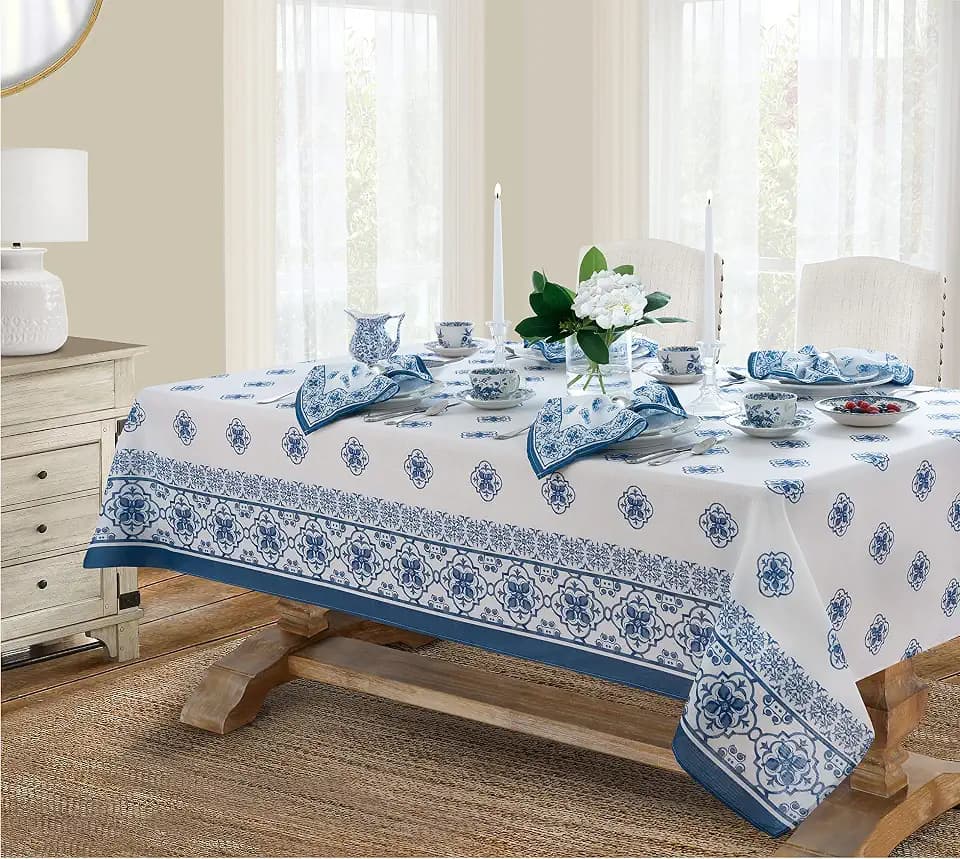 Newbridge Square Fabric Tablecloth, 52 x 52 Inch, Mykonos Blue Mediterranean, Indoor Outdoor Stain Resistant No-Iron Table Cloth, Blue Tile Border
