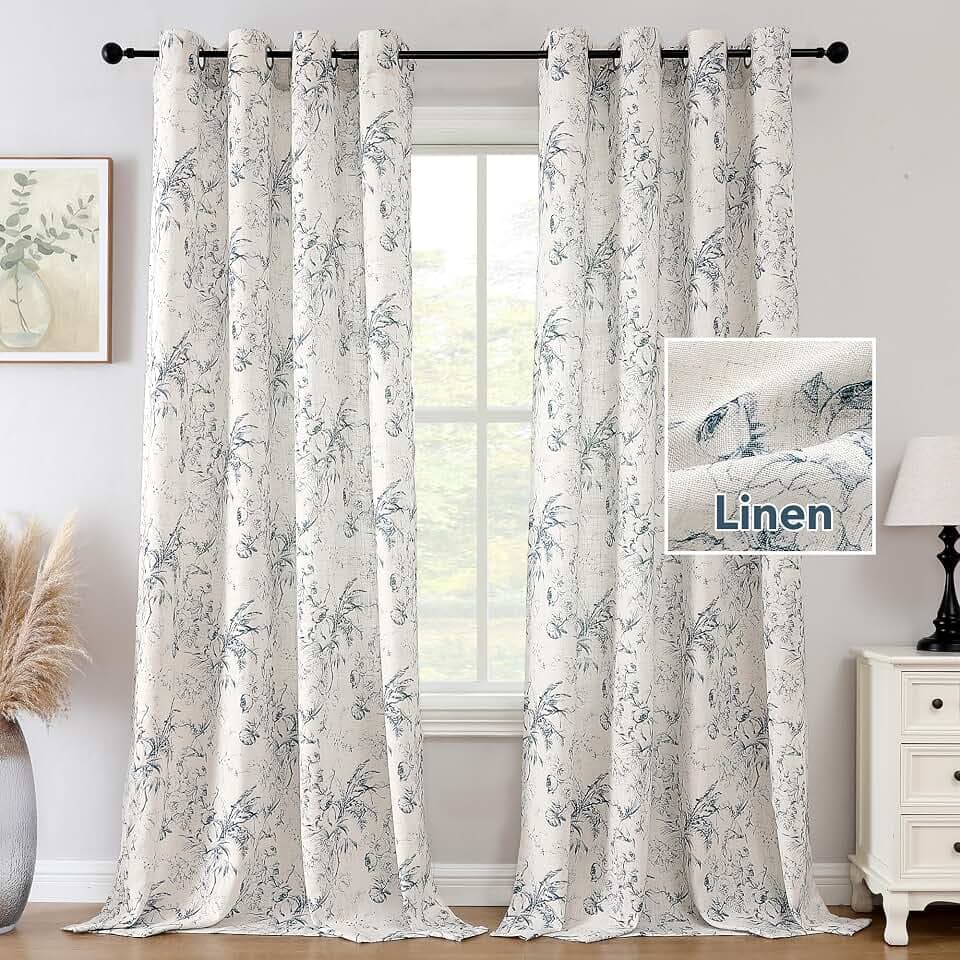 H.VERSAILTEX Linen Boho Floral Curtains 96 Inch for Living Room, Blue