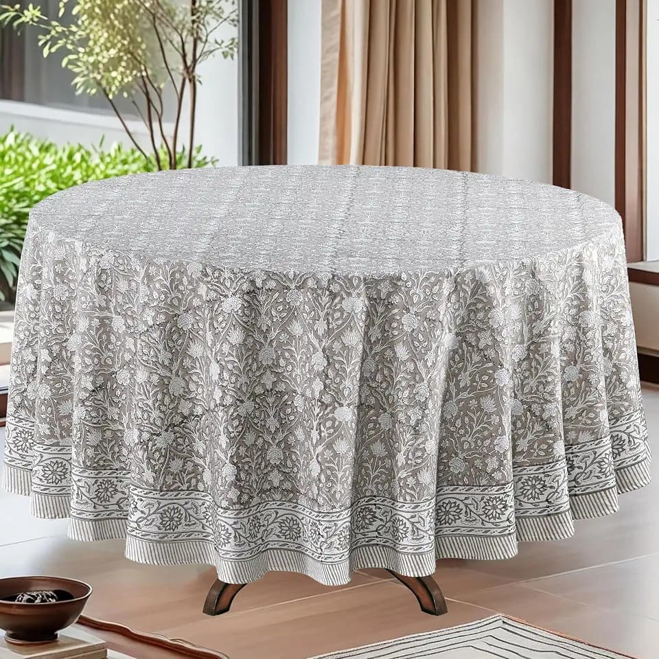 Ridhi Hand Block Print Round Tablecloth Taupe 60 Inch 100% Cotton