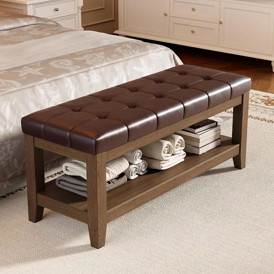 ABHENG Solid Rubber Wood Shoe Bench, Easy-Clean PU Upholstered Seat, 770LB Load, Space-Saving Storage for Entryway/Living Room, Easy Assembly, Vintage Style, 43.3"x15.7"x17.7", Brown, UASND65R