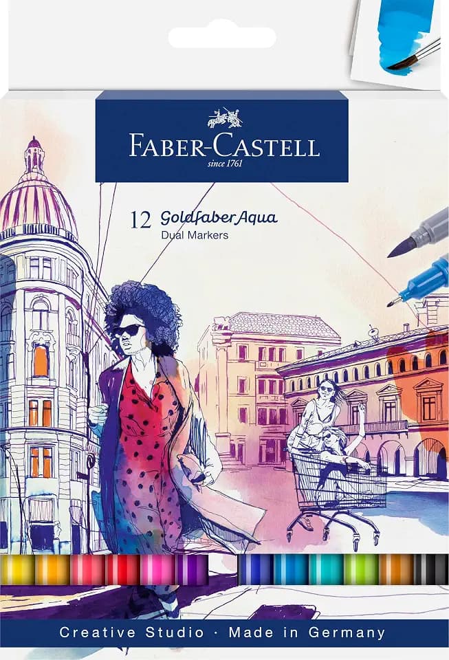 Faber-Castell Goldfaber Aqua Dual Tip Watercolor Markers - 12 Watercolor Brush Pens, Watercolor Markers for Adults, Real Brush Nib and Fineliner Tip Art Markers
