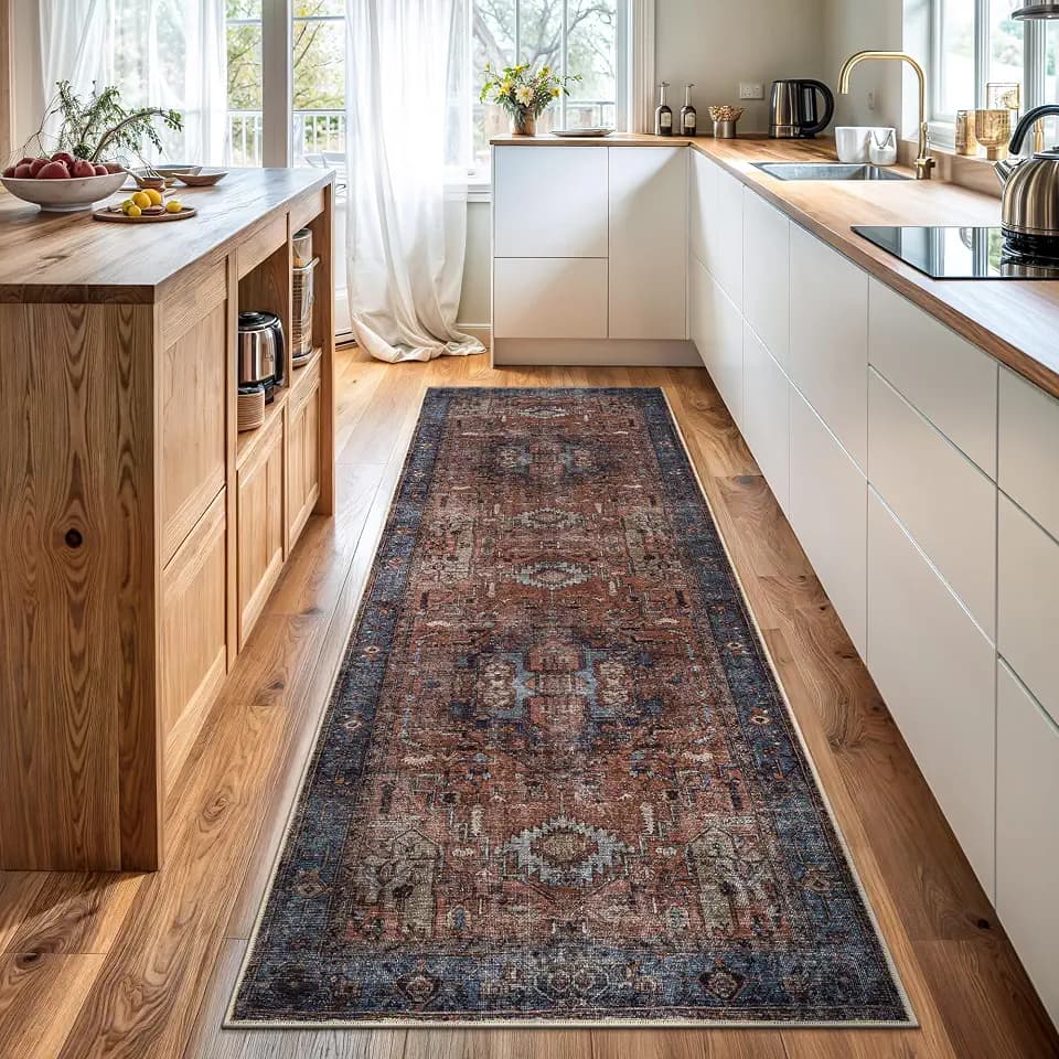 Bloom Rugs Washable 7 ft Runner - Terracotta/Blue Traditional Runner for Entryway, Hallway, Bathroom, and Kitchen - Exact Size: 2.5' x 7'