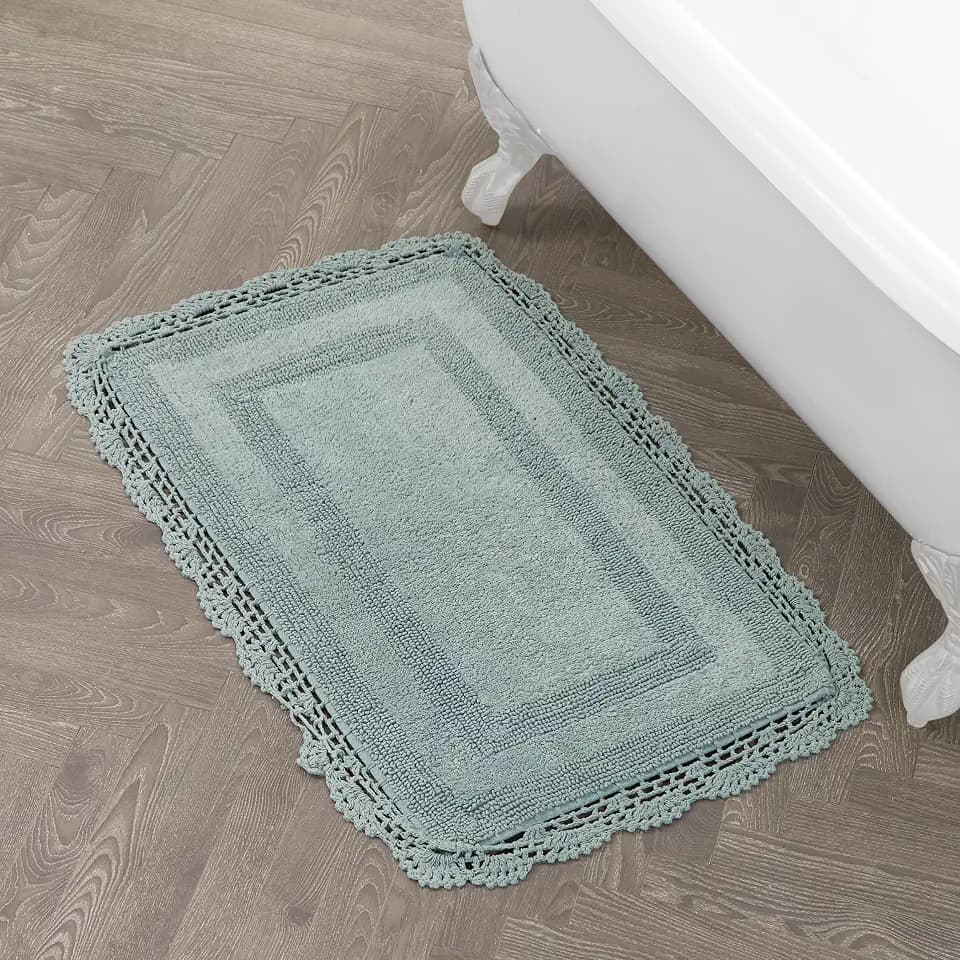Laura Ashley Absorbent Bath Mat Reversible Crochet Soft and Plush Bathroom Mat 100% Cotton 21x34 Bath Rug, Aqua Blue