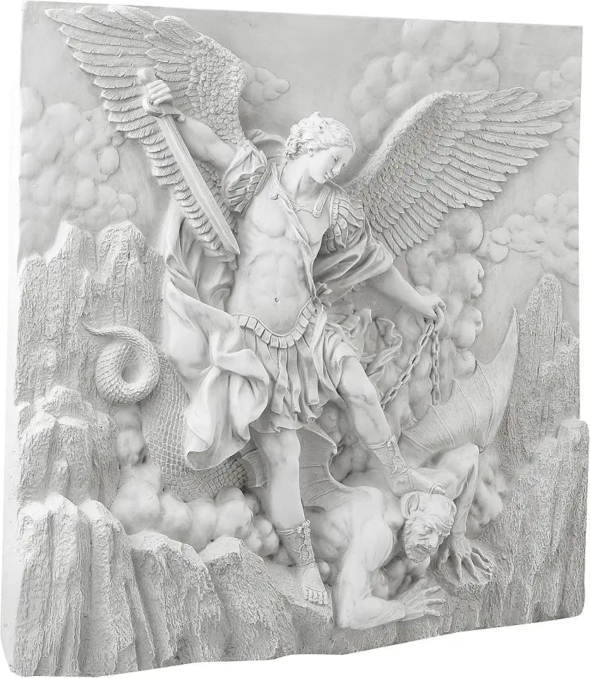 Design Toscano Michael the Archangel Slaying Demon Indoor/Outdoor Wall Frieze Sculpture, 22 inches wide, Cast Stone Resin, Antique Stone Finish