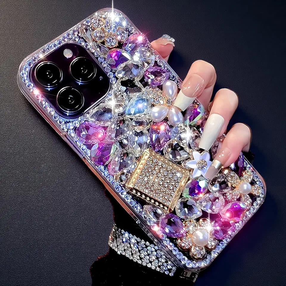 for iPhone 16 Pro Max Case Bling Girly Cute for Women Girls, Luxury 3D Diamond Design Shiny Glitter Rhinestone Pearl Flowers Protective Phone Case