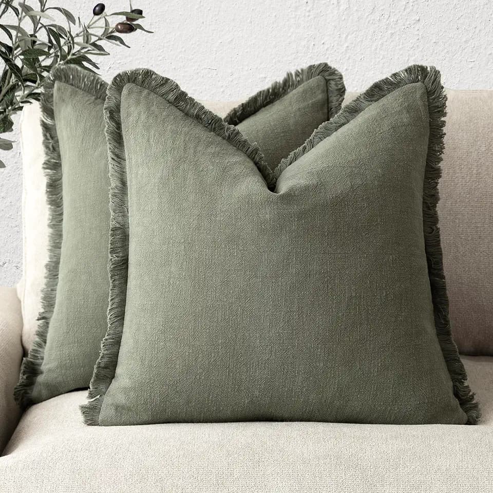 Foindtower Decorative Linen Fringe Throw Pillow Covers 20×20 Olive Green