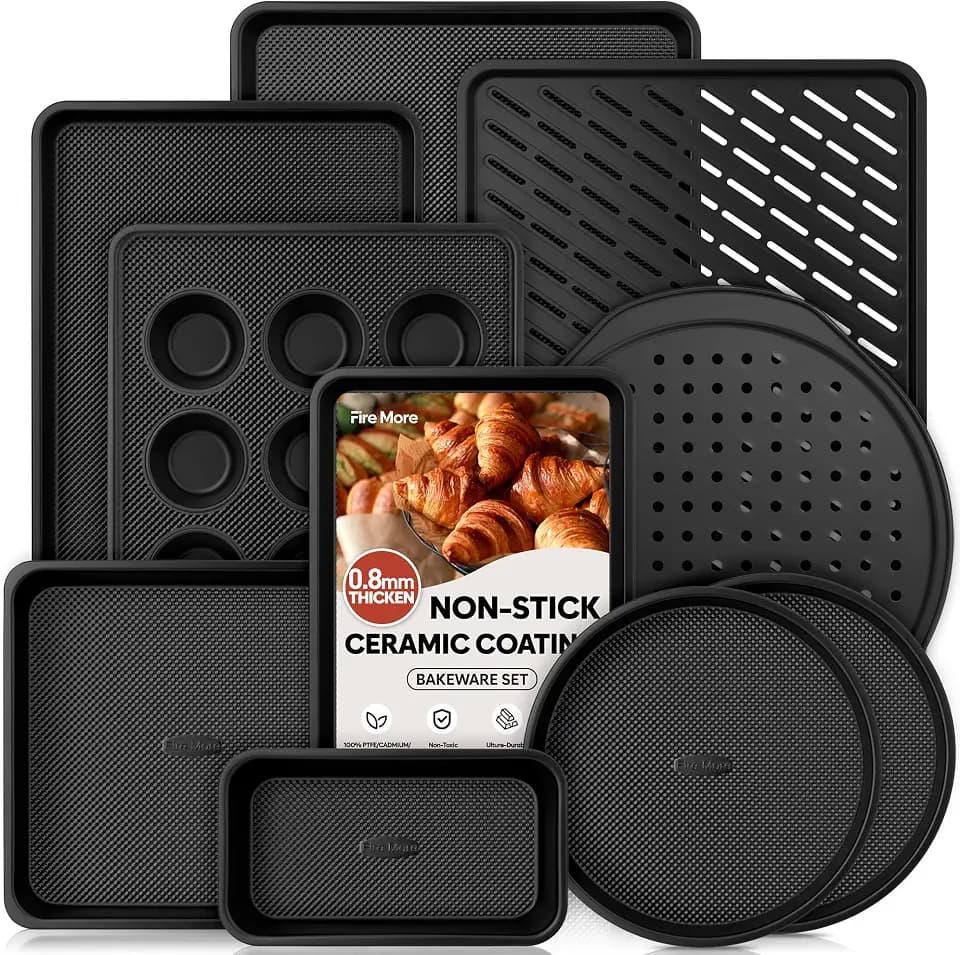 10-Piece Nonstick Bakeware Set, 0.8MM Thick Carbon Steel Baking Pan Set for Oven with Cookie Sheet, Muffin Pan, Pizza Pan, Loaf Pan and Cooling Rack, Stackable Kitchen Baking Set, PFOA/PTFE Free