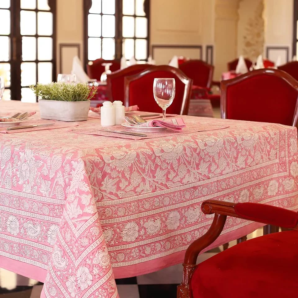 Labhanshi Indian Handblock Print Floral 100% Cotton Pre-Washed Canvas Rectangle Table Cloth|72x135 Inch 10-Seater Large Decorative Table Cover|Mother's Day Festive Holiday Decor|Pink Rose