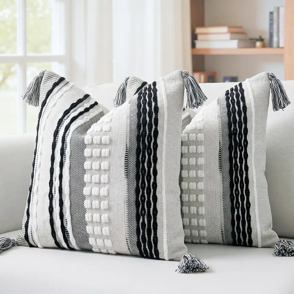 NUYECY Boho Throw Pillow Covers 18x18 Aesthetic Neutral Boucle Couch Pillow Cover Rainbow Striped Decorative Accent Pillow Case for Couch Bed Sofa Farmhouse,Modern Funky,Set of 2 Black and White