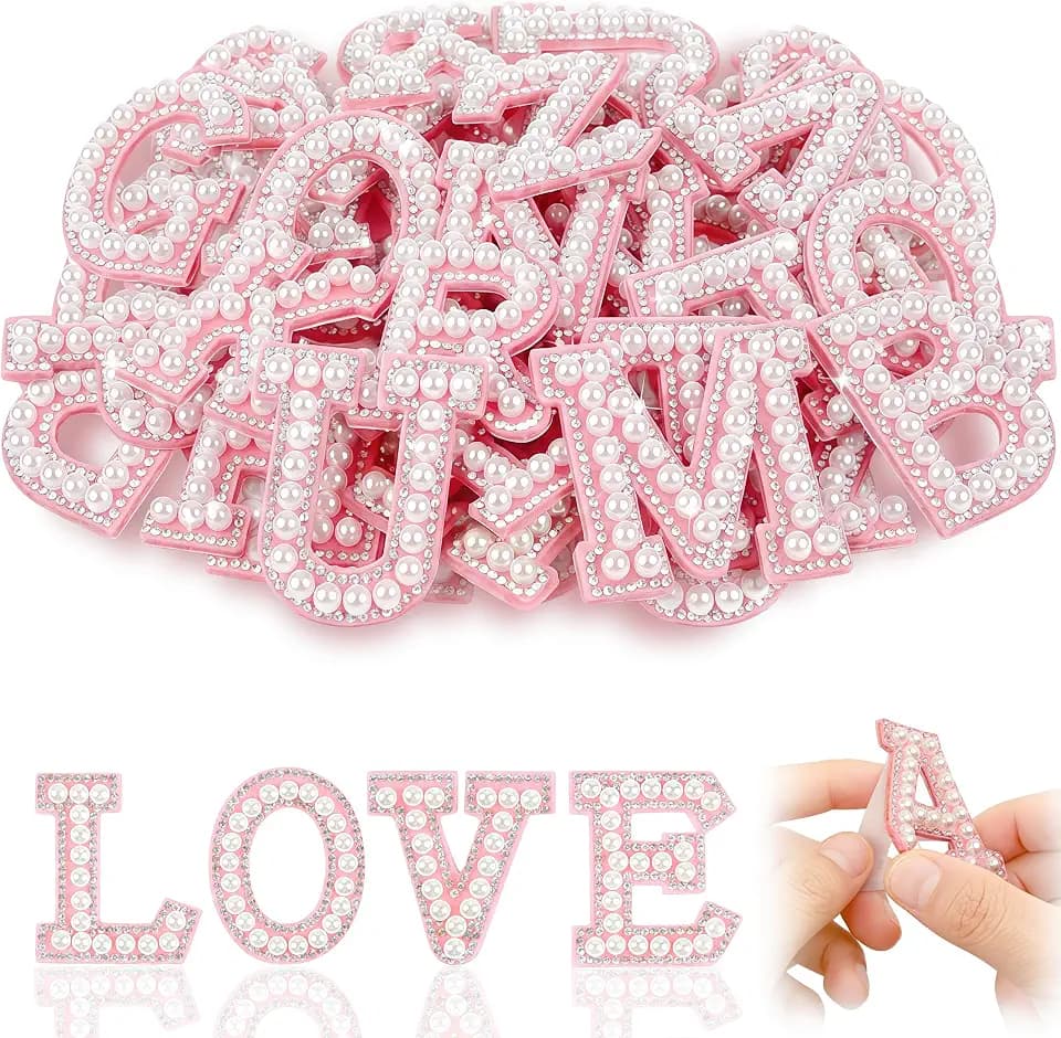 Cute 26 English Letters Patch Stickers, A-Z Alphabet Applique with Pearls and Small Diamonds, Self-Adhesive Letter Patches/Fabric Letter Sticks, Initial Letters Embroidered Chenille Sticker (Pink)