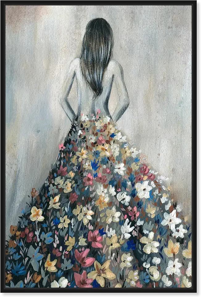 Oliver Gal Girl with Flower Thoughts Canvas Print Wall Art for Living Room, Bedroom, and Bathroom, 20" x 30", Black Floater Frame