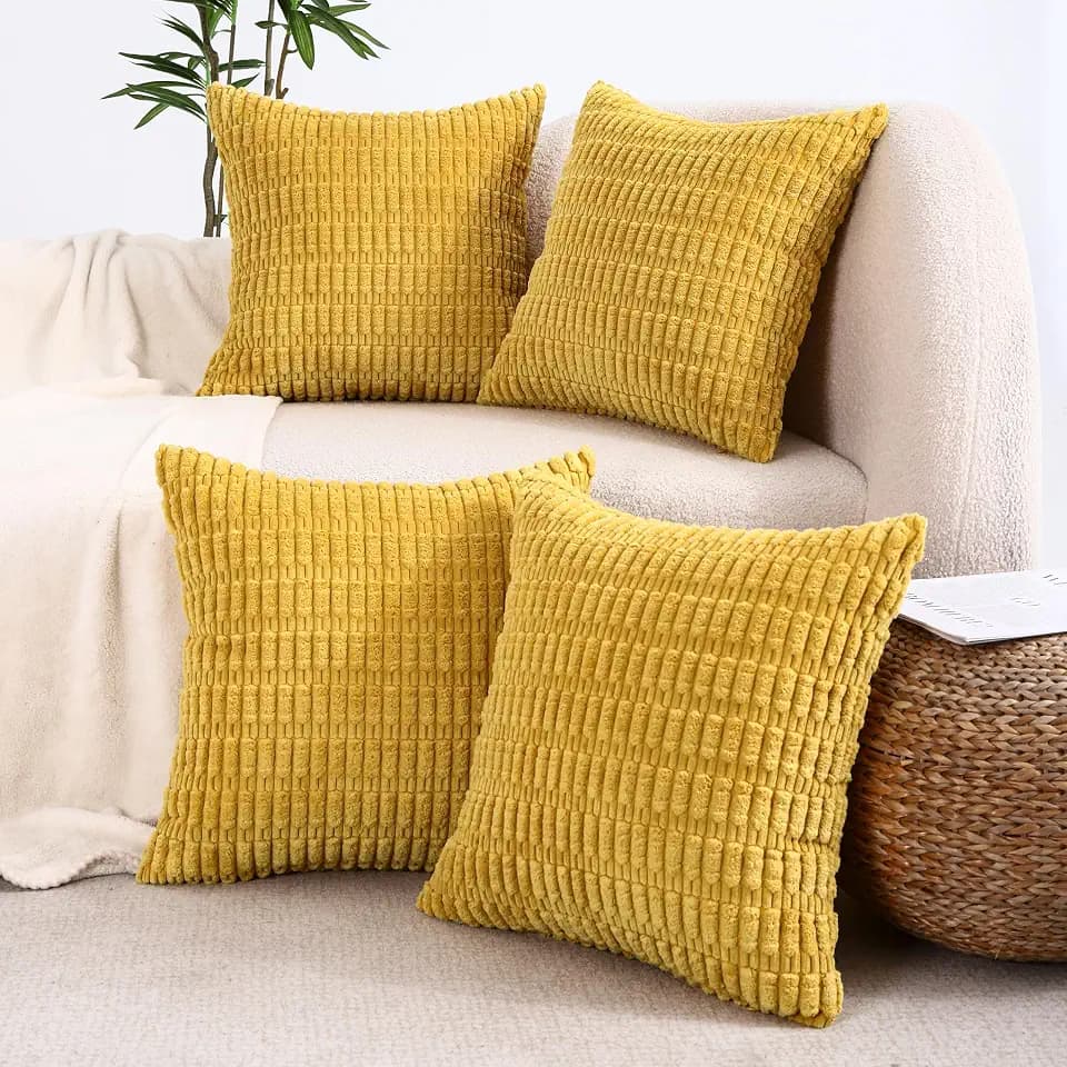 All Smiles Decorative Mustard Yellow Throw Pillow Covers 16x16 Set of 4 Farmhouse Rustic Boho Home Decor Soft Plush Striped Corduroy Square Cushion Case for Living Room Couch Bed Sofa