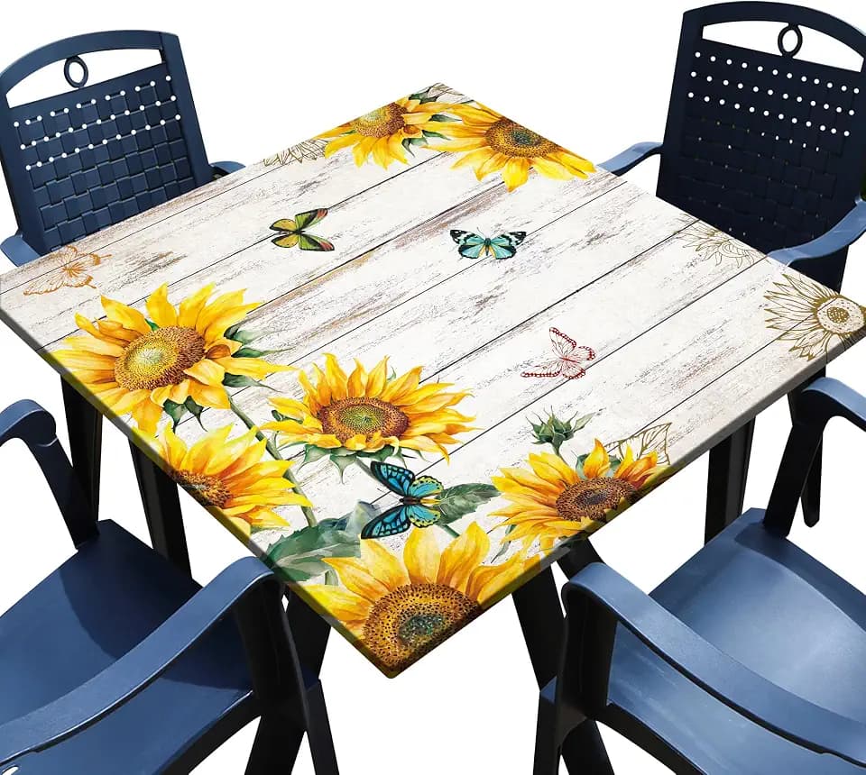 Sunflower Square Fitted Tablecloth with Elastic Edge Wood Texture Card Table Cover Waterproof Outdoor Table Cloth for Patio Kitchen Party Decor Fits for 34" x 34" Square Table