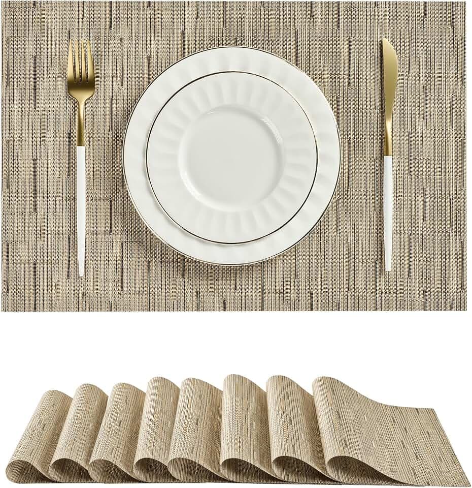 Light Brown Placemats Set of 8 - Heat Resistant Woven Vinyl