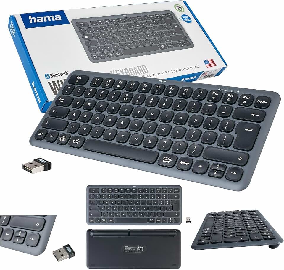 Hama Wireless Tastatur WK-500 Schwarz-Grau (Polnisches QWERTY Layout, Multi-Device, Bluetooth, Klein, mit Batterie, geräuscharm, Multimedia-Tasten, Batterie)