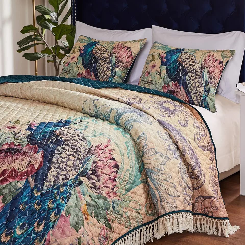 Greenland Home Fashions Ultra-Soft, Reversible, Brushed Microfiber Quilt Set, 3-Piece Full/Queen, Eden Peacock