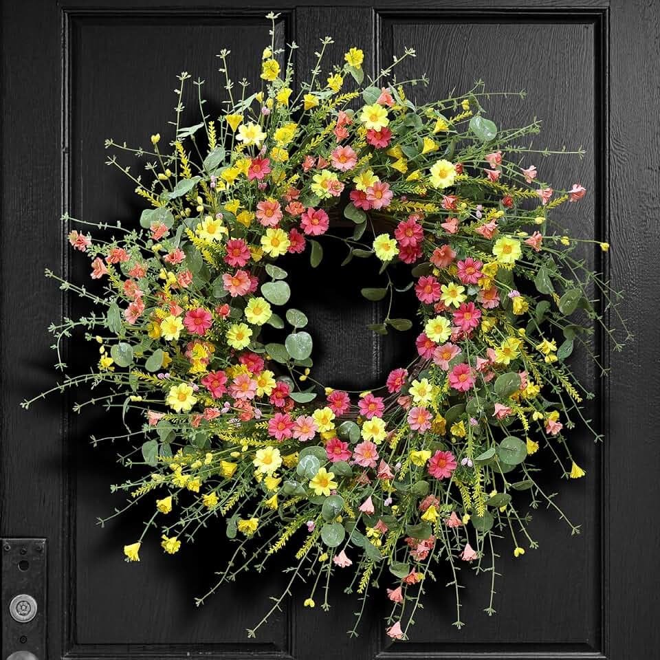 22" Montekin Daisy Spring Summer Wreath for Front Door Outdoor Wall Décor