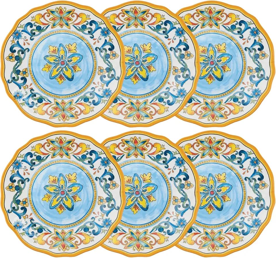 UP Chianti Melamine Salad Plate Set, Flower Shaped Plates for Risotto, Pasta, and Salad, BPA-Free, Dishwasher Safe, Multicolor, 8.75 Inch, Set of 6
