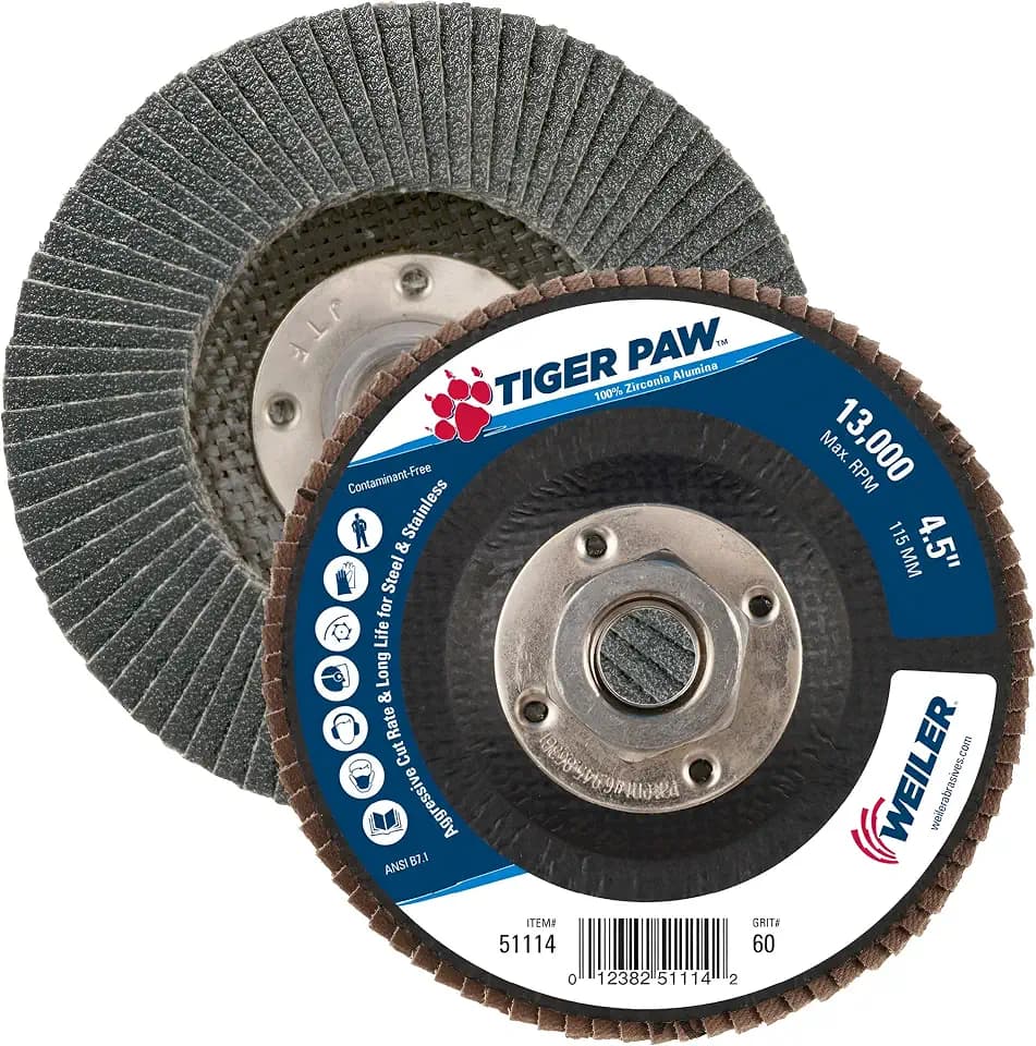 Weiler 51114 4-1/2" Tiger Paw Abrasive Flap Disc, Flat (Ty27), Phenolic Backing, 60Z, 5/8"-11 Unc Nut (Pack of 10)