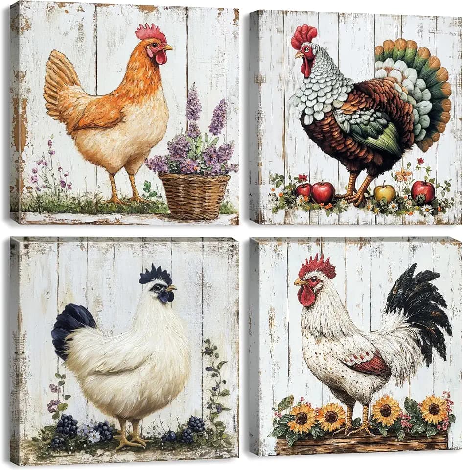 Chicken Wall Art Kitchen Decor Farmhouse Rooster Coop Signs Wall Decor Rustic Farm Chicken Paintings Poster Farm Animal Picture Vintage Country Canvas Artwork for Dining Room Home Decorations 12x12"4Pcs